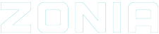 White, blocky ZONIA text with a blue glow on a dark green background.